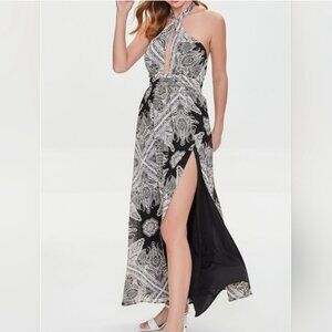 FOREVER 21 Y2K Style Black Paisley Halter Neck Sleeveless Maxi Dress Size Medium